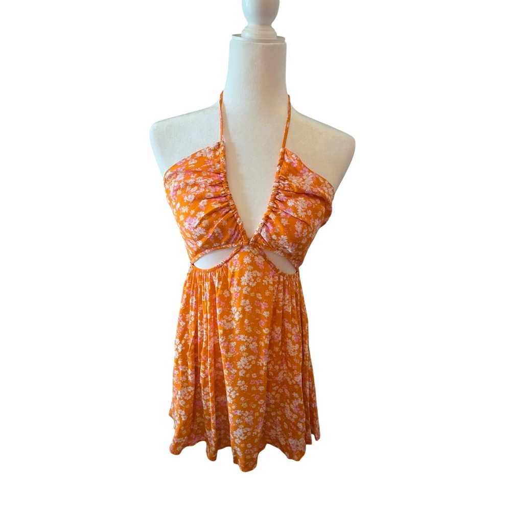 Sky To Moon Dress Mini Orange Summer Beach Halter Floral Cutout Open Back Medium